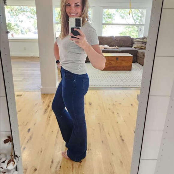 High Waist Flared Dark Wash Blue Denim Jeans Bell Bottom - Picture 9 of 11